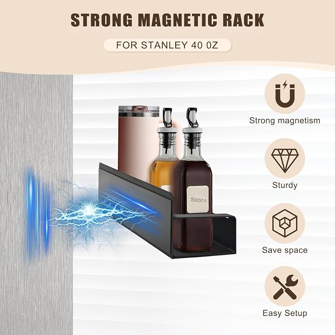 2 Pack Magnetic Storage Rack - Cup Holder for Stanley 30oz & Spice Organizer with Detachable 4 Hooks, for Fridge Cabinet Kitchen