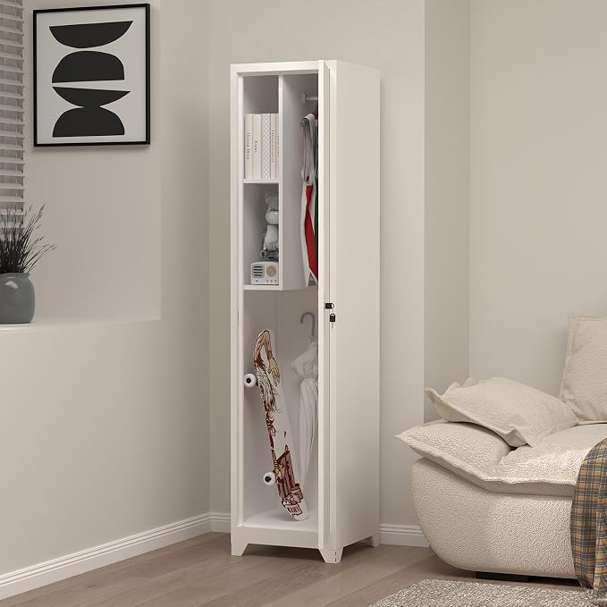 Slim Broom Storage Cabinets, Metal Cabinet with Shelves and Hanging Rod, 15.75" W Utility Storage Cabinet with Locking Door, Slim Cabinet for Small Spaces, Kitchen, Pantry, Office, Shop
