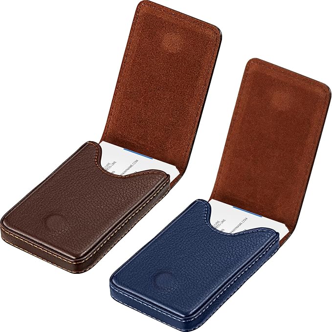 Outus 2 Pcs Business Card Holder, PU Leather Business Card Case Pocket Wallet with Magnetic Shut for Men Women(Coffee and Blue,Classic)