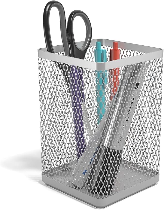 TRU RED Stackable Wire Mesh Jumbo Pencil Holder, Silver, 3‑Pack – Large Desktop Organizer for Pens, Markers & Office Supplies