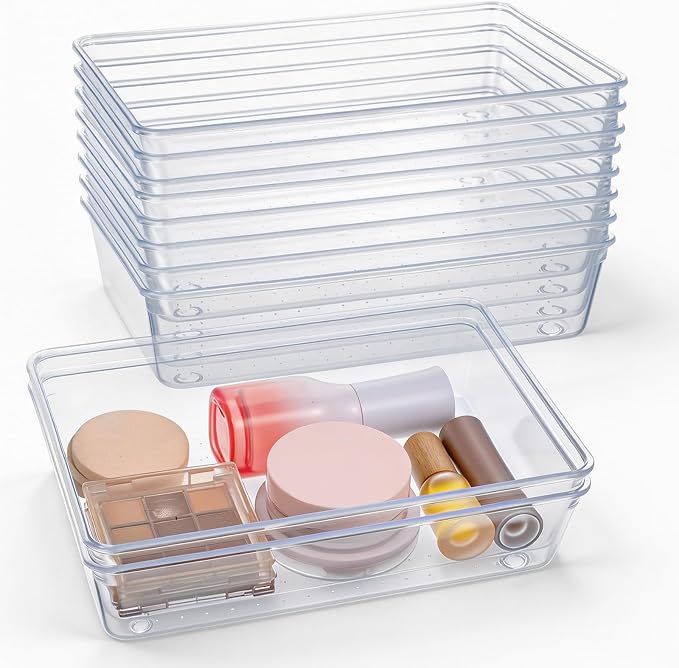 10 Pack Clear Plastic Drawer Organizer, 6" X 9" Acrylic Storage Bins with Non-Slip Pads, Acrylic Drawer Organizer Tray, Clear Desk Storage Tray for Makeup, Kitchen Utensils, Jewelry, Office, Bathroom