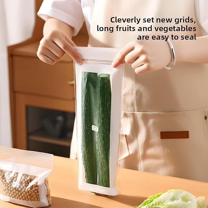 Kitchen Food Grade Fresh Keeping Bags, Reusable Long Sealed Bags for Vegetables & Fruits, Clear Plastic Storage Bag for Refrigerator, Dual Interlocking Seal (Long, 15counts)