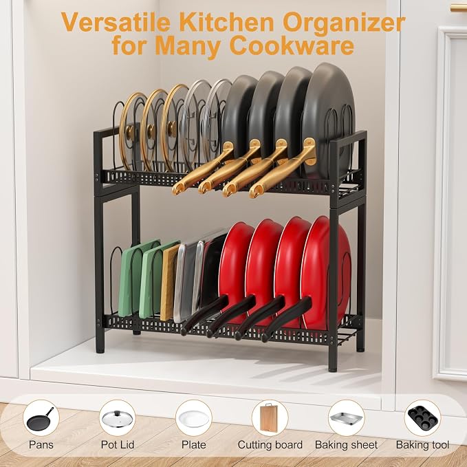 Housolution 2 Tier Expandable Pot and Pan Lid Organizer Holder Rack | 12"-20" Expandable, Adjustable Dividers, 2 DIY Methods for Flexible Storage