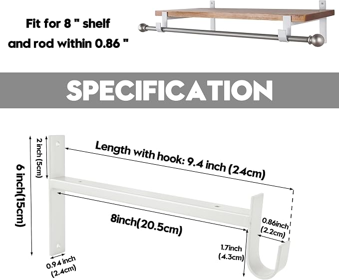 AddGrace Closet Rod Bracket Heavy Duty Shelf Brackets White 8 Inch 4 Pack | Fit for Closet Wardrobe Laundry Room and Kitchen, with Hook, Store Above and Hang Below, Supports 66 lbs, Easy to Install