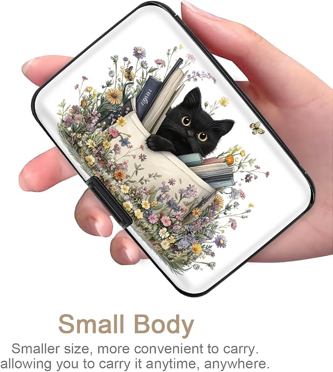 Coco Rossi Credit Card Holder RFID Aluminum Small Mini Wallet Women | Metal Wallet, Business Cards Holder, ID Case, Slim Sleeves, Womens Girls Gift, Carry Proof Wallets for Travel, Cat & Books