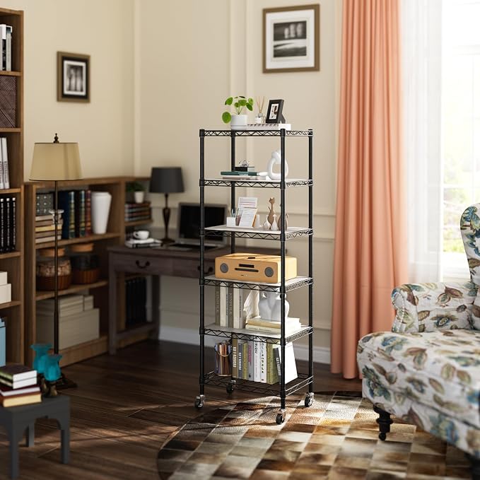 Golpart Small Shelves Storage Wire Metal Adjustable Shelf Unit with Wheels | 6 tier Shelving Organizers Storage Shelving for Bathroom Laundry Room Kitchen Pantry 11.7”D x 17.7”W x 61.6”H Black