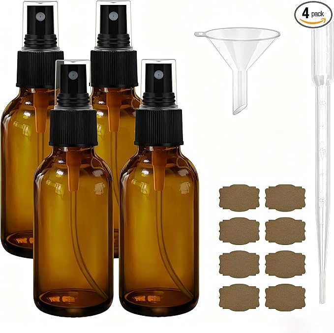 GIVAMEIHF 2 oz Dark Amber Glass Spray Bottles Set of 4,Empty Small Glass Spray Bottles Fine Mist Spray Refillable Containers,Mini Spray Bottle Make Perfect Oil,Perfume,Skin Care,Plants,Travel