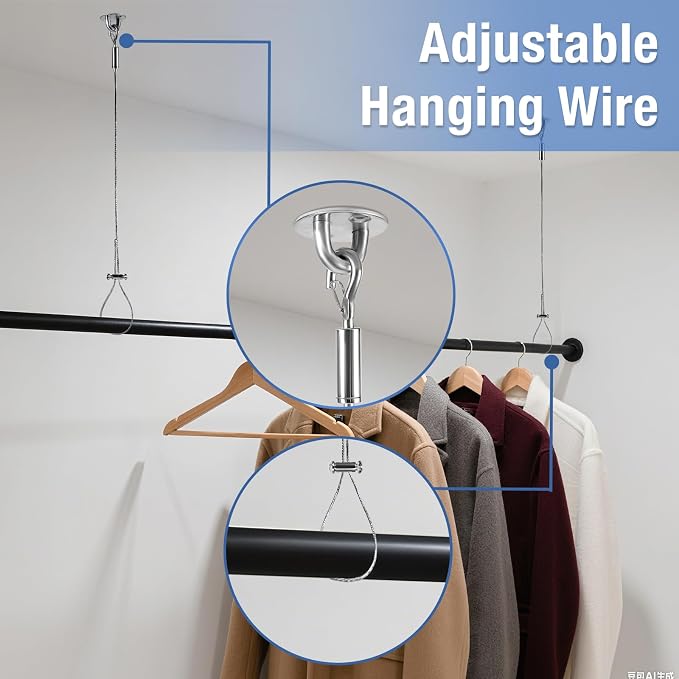 2 Packs Ceiling Support for Closet Rod, Prevents Sagging, 60'' Adjustable Closet Rod Support Bracket, Stainless Steel Ceiling Support Assembly, Heavy Duty Wardrobe Pipe Bracket Rod Holder