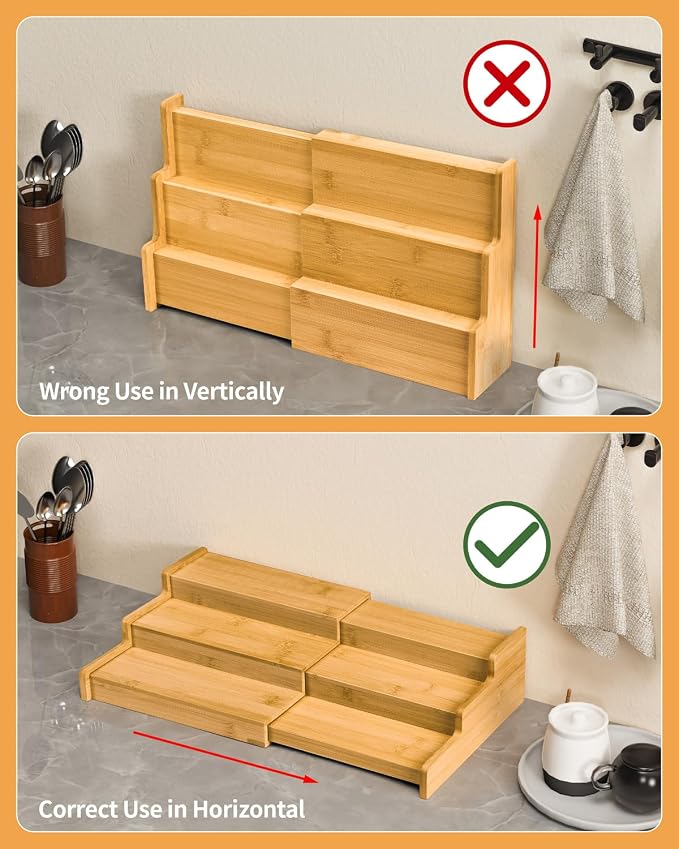 VenDotbi Spice Rack, 3-Tier Expandable Bamboo Spice Rack Organizer for Cabinet - Kitchen, Pantry and Cupboard Storage Organizer