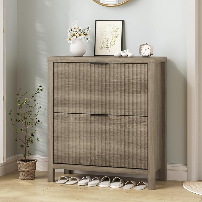 YOMILUVE Shoe Cabinet Storage for Entryway, Fluted Shoe Cabinet with 2 Flip Drawers, Hidden Shoe Rack Tall Freestanding Shoe Organizer with Legs for Hallway, Gray