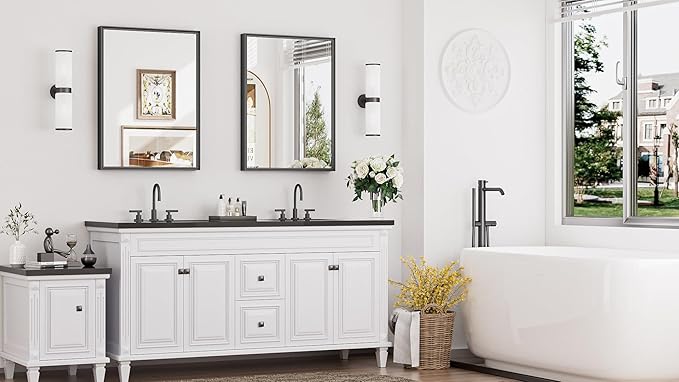 Keonjinn Black Bathroom Mirror 22 x 30 Inch, Stainless Steel Metal Framed Wall Mirror for Over Sink, Anti-Rust, Tempered Glass, Upgrade Installation, Rectangluar Square Corner, Matte Black