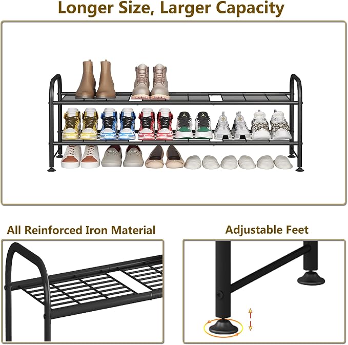 LINZINAR 2 Tier Long Shoe Rack for Closet Metal Shoe Organizer for Entryway | Spacious design stores 15+ pairs of shoes,durable metal frame,space-saving organizer for closet, hallway, and Entryway Black