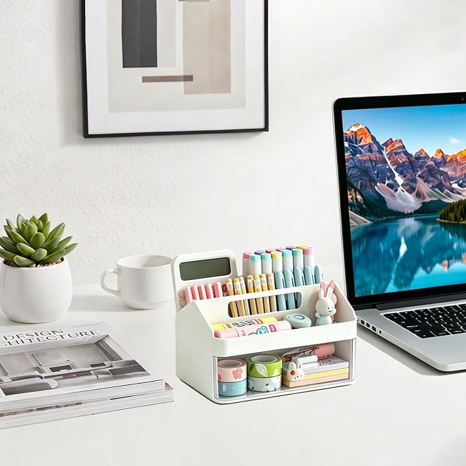 SAYEEC Desk Organizer with Drawer Multi-Functional Makeup Organizer with Handle 7 Compartments Pencil Pen Holder Small Desktop Storage Box Desk Accessories Caddy for Office Home Art Supplies (White)
