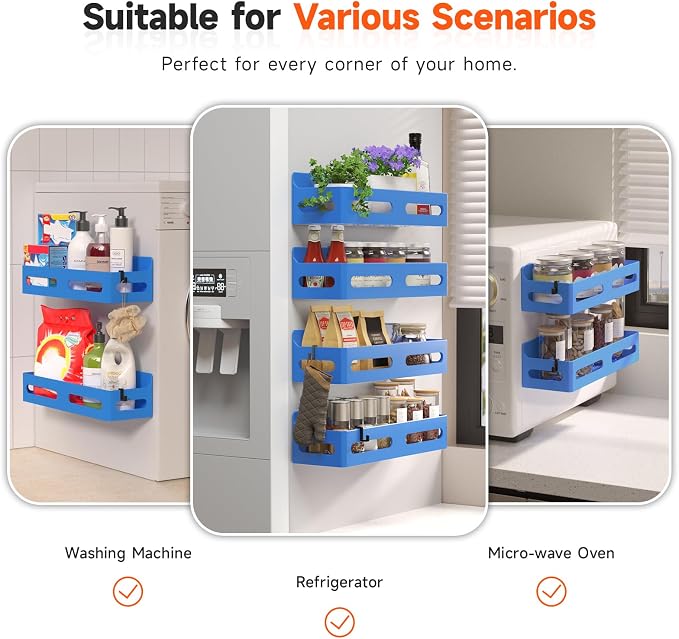 Sevenblue 4-Pack Magnetic Spice Rack for Refrigerator with Hooks, Blue | Strong multipurpose magnetic shelf for kitchen & bathroom organization. Includes 4 removable hooks for hanging items.