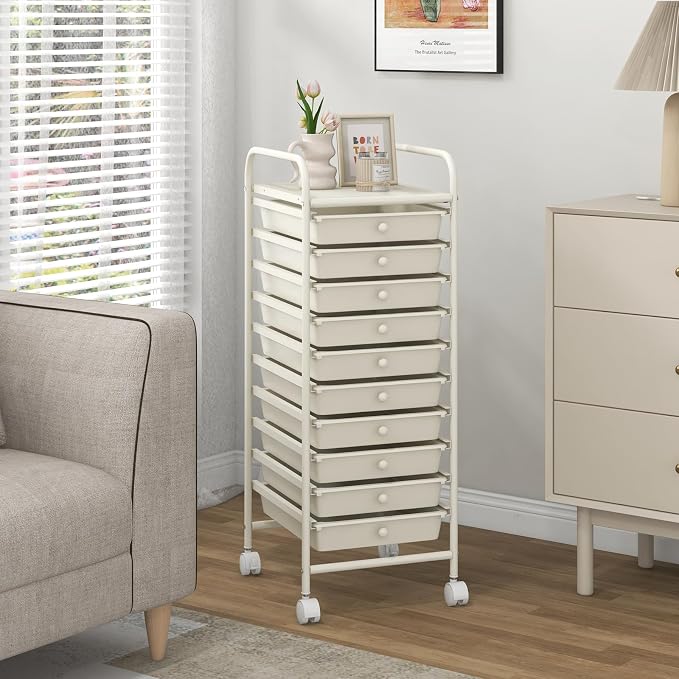 DREAMADE Rolling Cart with Storage Drawers, Utility Cart w/Removable Plastic Drawers, Lockable Wheels, Art Cart for Classroom Organization Art Supplies Office Scrapbook (10 Drawers, White)