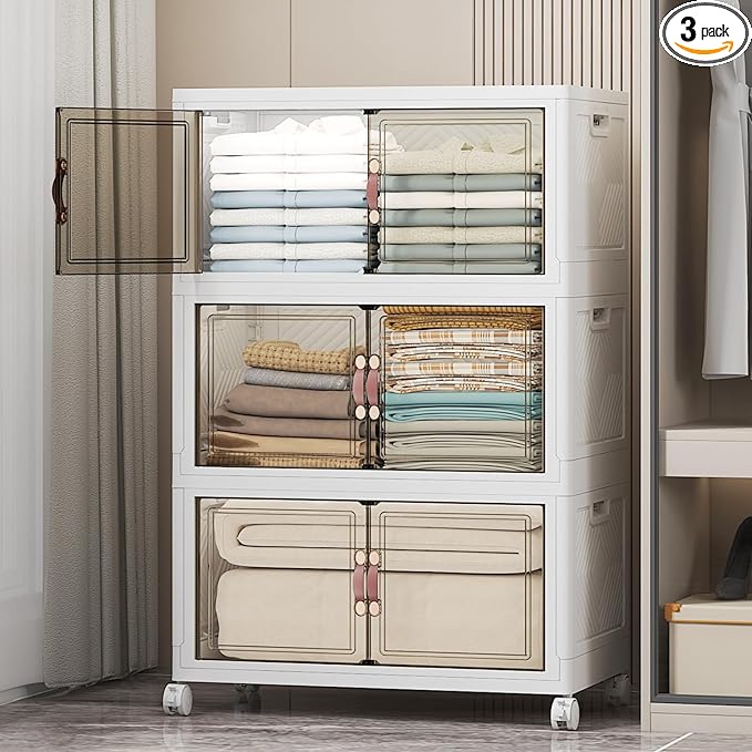 UAMFURI Stackable Storage Bins with Lids, 336QT Closet Organizers and Storage with Doors and Wheels, Extra Large Storage Cabinet, Collapsible Plastic Drawers for Bedroom Dorm Office Garage