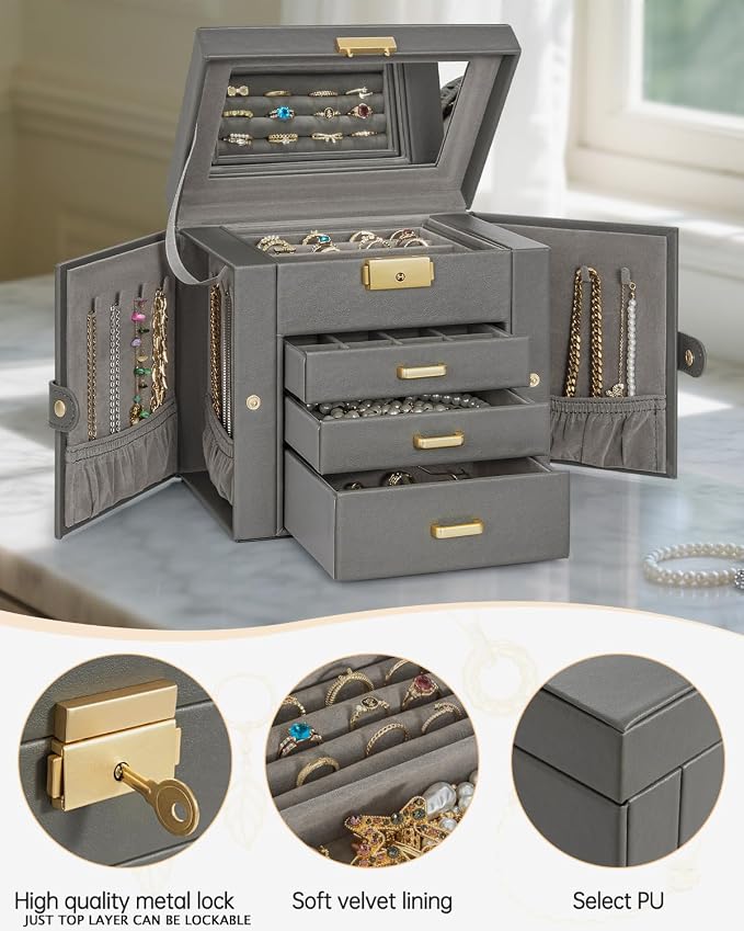AKOZLIN 4-Tier Jewelry Box Leather Jewelry Storage Organizer with 3 Drawers Lockable for Women Girls Ring Necklace Earring Bracelet Holder with Mirror Dark Grey