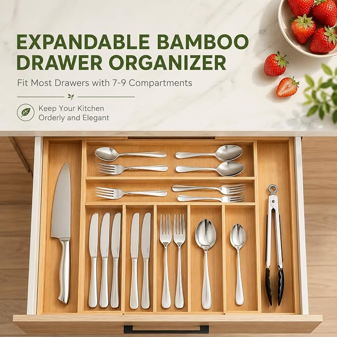 FUSHITON Expandable Bamboo Knife Storage Box, 9 Compartments, Adjustable Drawer Divider for Kitchen