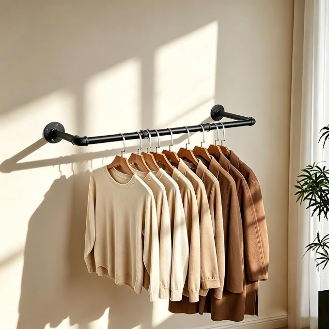 Industrial Iron Pipe Clothes Hanging Bar DIY Wall-Mounted Garment Rack Heavy Duty Clothing Rack for Bedroom, Laundry Room, Closet Storage (Black 40 inch)