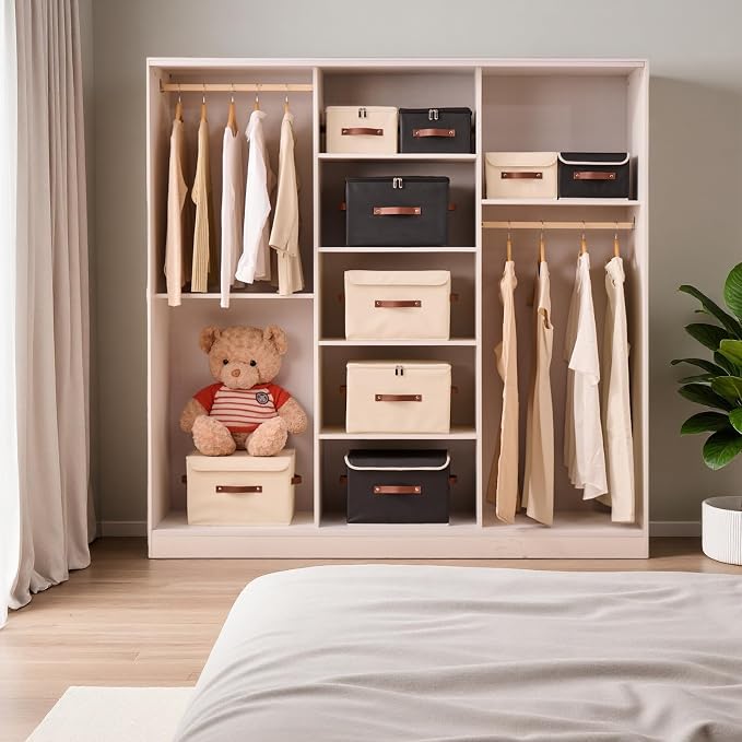Storage Bins Box with Lids Decorative PU Leather Fabric Baskets Cubes with Handles PP Plastic Board Foldable Washable Lidded Clothing Shelf Closet Organizer Container (Beige, Large)