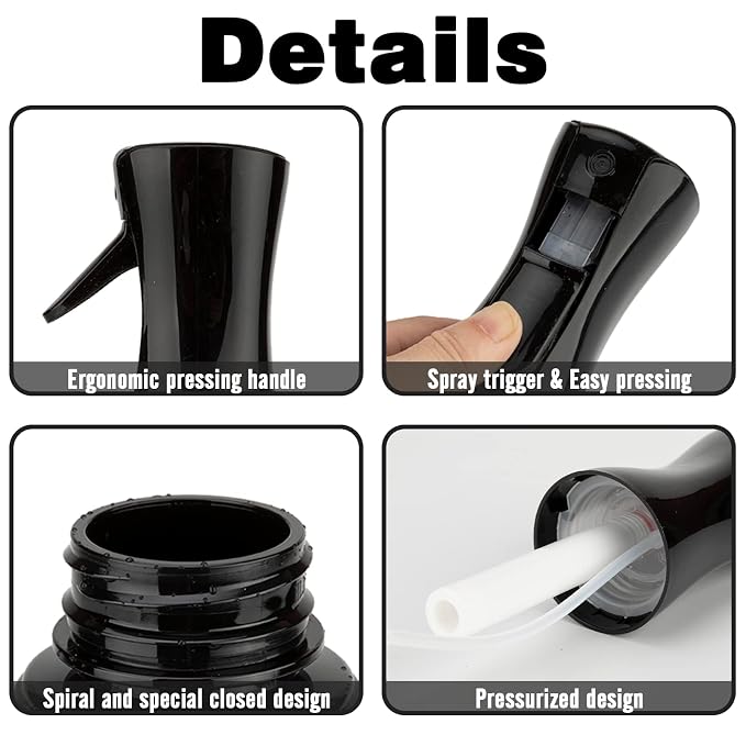 Spray Bottle for Hair (10.15OZ /300ML) Continuous Ultra Fine Mist Sprayer for Hair, Salons, Barber, Plants, Skin Care, Cleaning Black