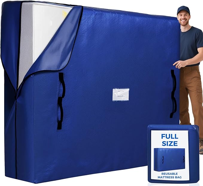 BAGAIL Mattress Bags for Moving, Mattress Covers with Heavy Duty Handles, Reusable Mattress Storage Bag for Moving Supplies(Navy Full)