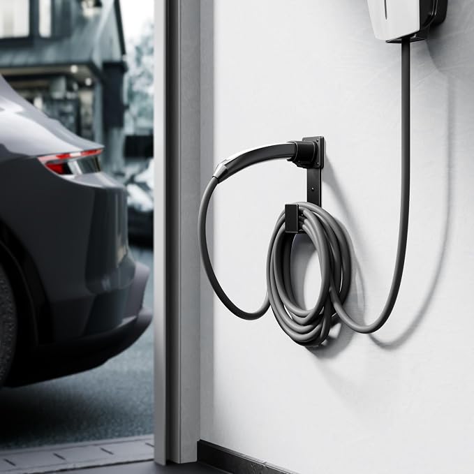 EV Charger Holder - Tesla Connector, Nozzle Holster Dock and J-Hook Combination, EV Cable Holder Wall-Mount Electric Vehicle Charger