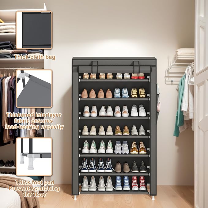 Laiensia 7-Tier Vertical Shoe Rack Organizer, Space Saving Shoe Storage Organizer, Non-Woven Cover Shoe Shelf Holds 28-35 Pairs for Bedroom, Hallway, Closet Entryway, Grey