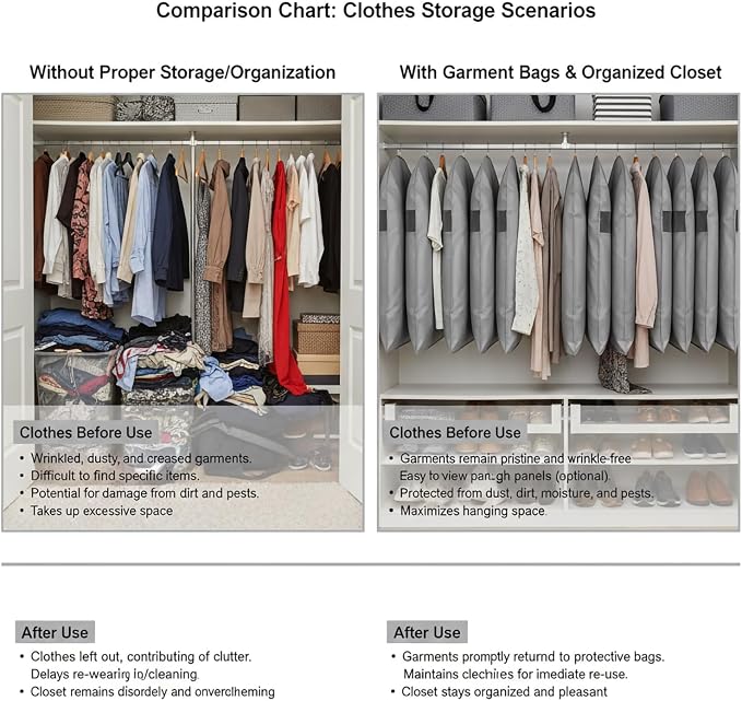 Kimmama Garment Bag for Hanging Cloth, Suit Protect Cover, 23.6" x 43.3" | PEVA Clothes Cover, For Suit, Shirt, Coats, Kids Dress, Clear Windows, Dustproof, Keep Dry