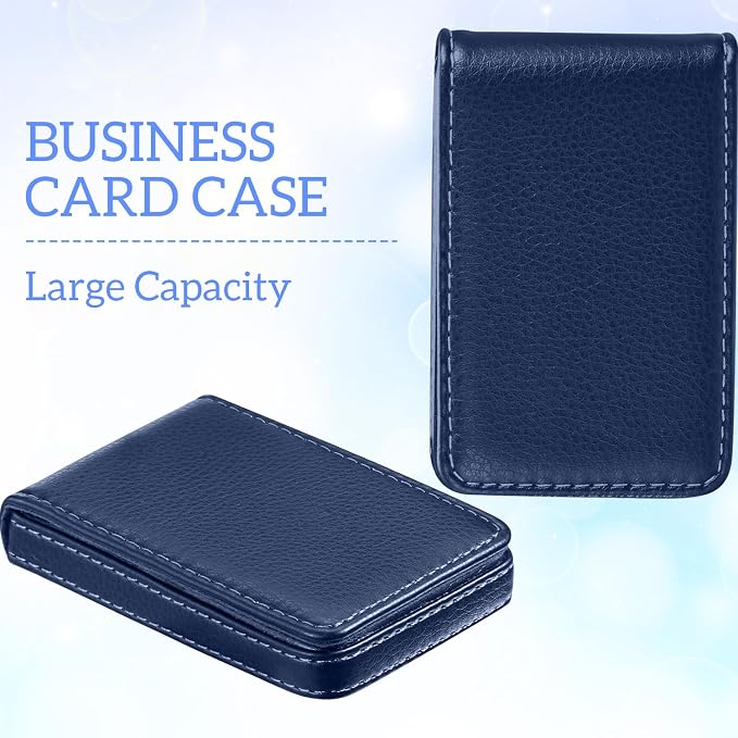 Outus 2 Pcs Business Card Holder, PU Leather Business Card Case Pocket Wallet with Magnetic Shut for Men Women(Blue,Classic)