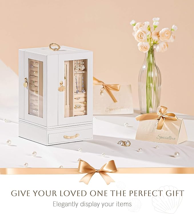 Enthralite Luxury Jewelry Box for Women: 360° Rotating with Clear Window | Compact Jewelry Storage with Drawer - Necklace Ring Organizer with Compartments - Elegant Earring Holder Display Great Gift