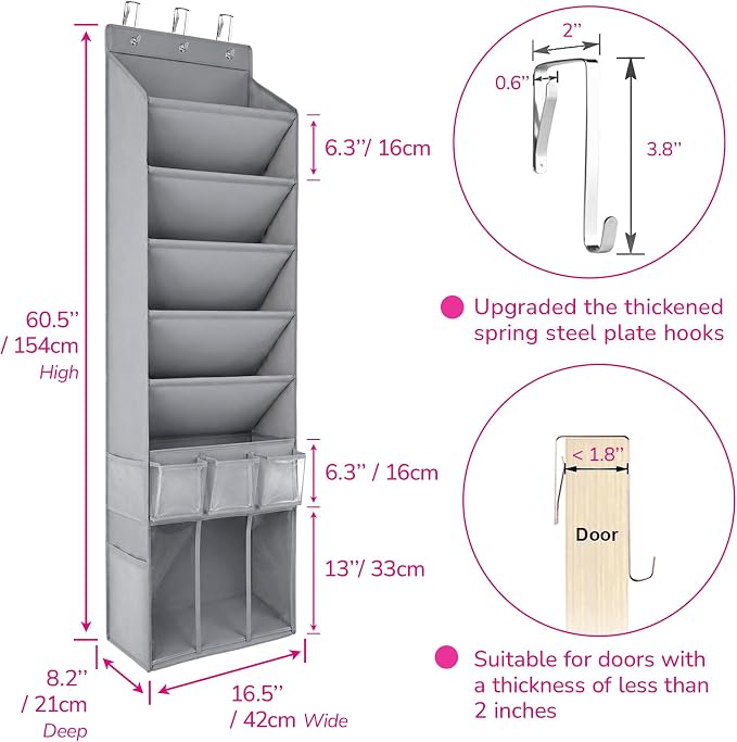 3in1 Over The Door Shoe Organizer with 5 Slanted Compartments,Removable Storage Bin & Transparent Pockets,Thickened Waterproof Oxford Fabric Shoes Rack for Shoes,Boots,Toys,Daily Essentials. (Grey)