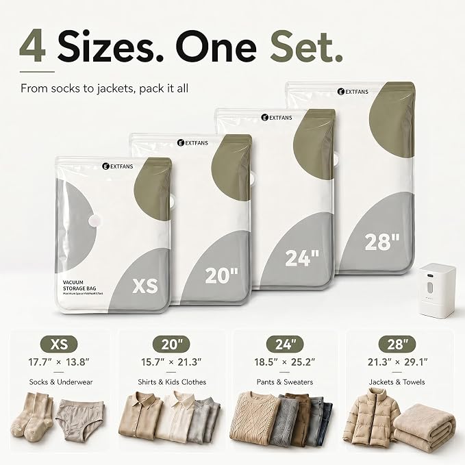 Travel Vacuum Bags with Electric Pump: 15 Pack XS/S/M/L Vacuum Seal Bags for Clothes, up to 80% Space Saver Compression Packing Bags for Suitcase, Carry-On, Cruise, Dorm & Seasonal Storage