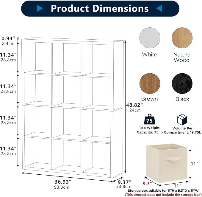 12-Cube Storage Organizer, Wooden Cube Shelf Bookcase with Reinforced Thick Shelves, Heavy-Duty 36.93" L x 9.37" W x 48.82" H, for Living Room Bedroom Home Office, Brown