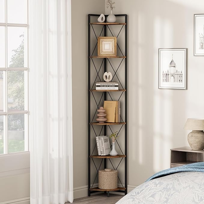 6 Tier Corner Shelf Stand, 78" H Tall Corner Bookshelf, Rustic Brown | Industrial Metal Corner Shelf for Living Room Decor, Plant Stand Display Shelf for Bedroom, Bathroom, Small Spaces