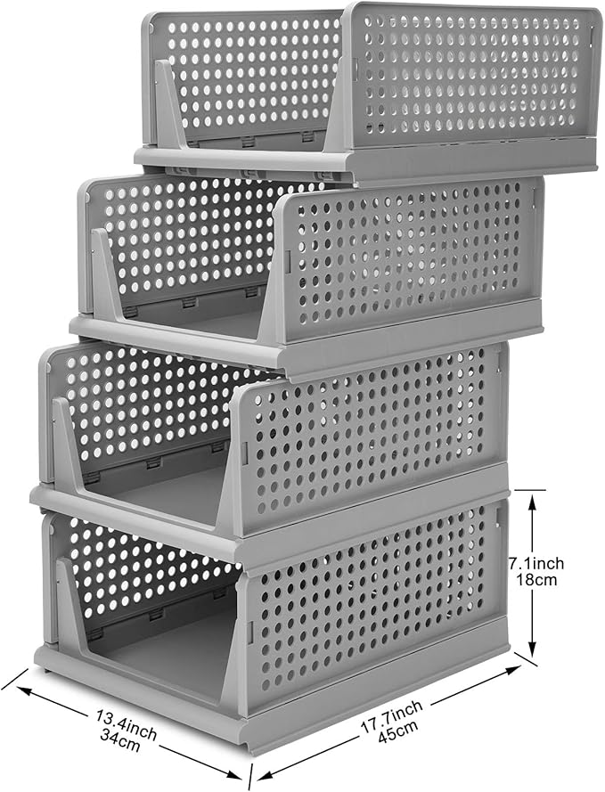 UGL Stackable Wardrobe Storage Box Organizers, Plastic Detachable Baskets Closet Containers, for Kitchen Cabinet, Pantry, Closet, Bedroom, Bathroom Organization, (Grey, 4 Set)