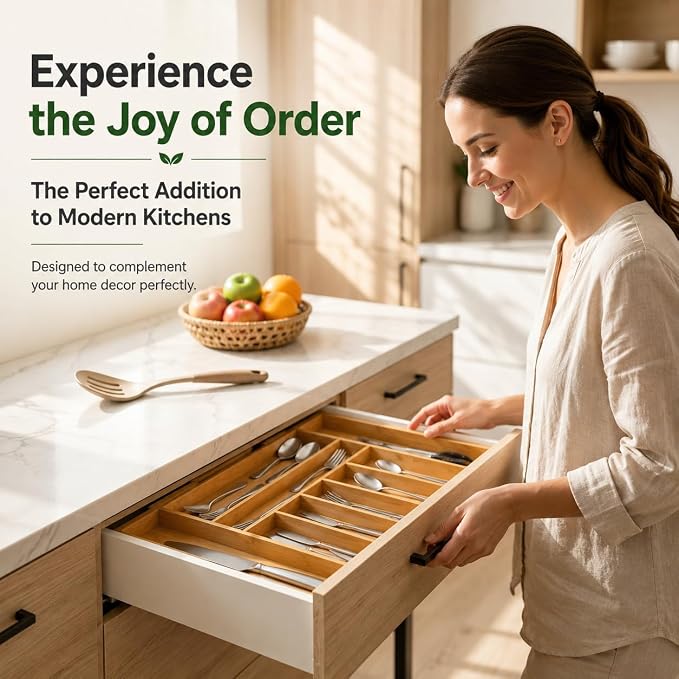 FUSHITON Expandable Bamboo Knife Storage Box, 9 Compartments, Adjustable Drawer Divider for Kitchen