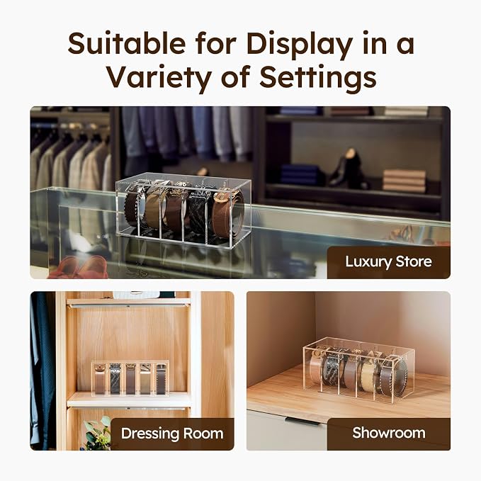 FEMELI Acrylic Belt Organizers for Closet 5-Slots Belt box with Dust Cover | Acrylic Clear Shelf Belts Holders for Closet& Drawer Womens Men Belts Tie Jewelry Storage Organizers Case