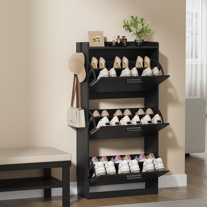 Shoe Cabinet Organizer with 3 Flip Drawers, Freestanding Shoe Storage Cabinet, Adjustable and Removable Dividers, 23.6"W x 8.7"D x 47.2"H Narrow Shoe Rack for Entryway, Foyer, Hallway, Black