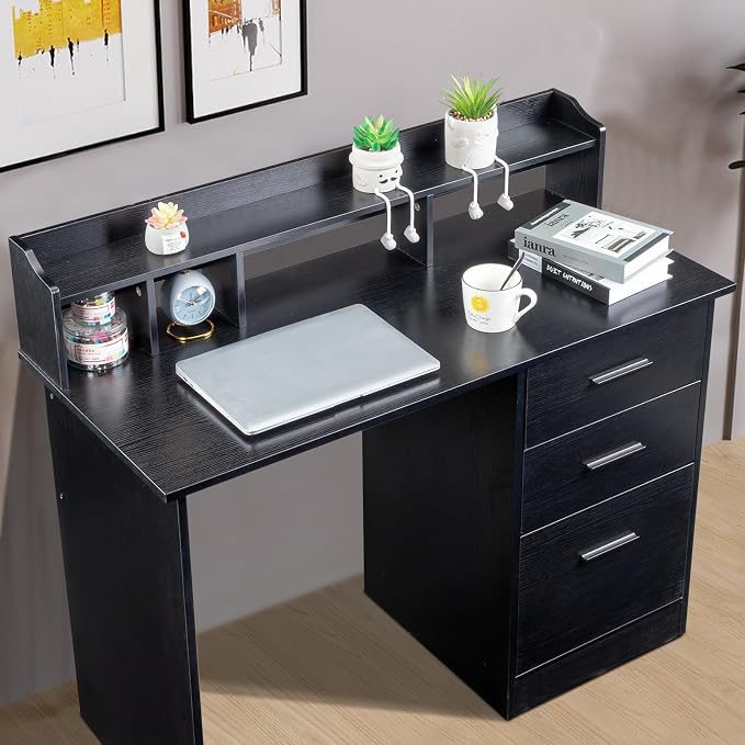 Karl home Black Computer Desk with Drawers ＆ Desktop Hutch, Modern Work Study Gaming Writing Home Office Desks with Storage for Kids, Small Wood Table for Bedroom, PC Laptop Workstation