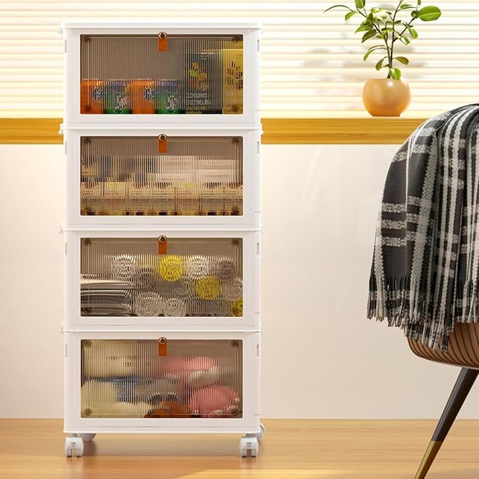 YFXCVSL 4 Tier Plastic Storage Bins with Lid 23QT, Stackable Storage Containers with Wheels, Folding Storage Boxes, Stackable Storage Bins, Closet Organizers and Storage for Living Room,Office,Dorm
