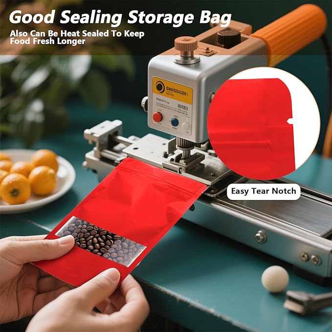 100PCS Foil Pouch Mylar Bags with Clear Window,ULIFESTAR Stand Up Sealable Bags with Tear Notches,Resealable for Food,Party Favors,Gift Packaging and Small Business(14 * 20cm/5.51 * 7.87",Red)