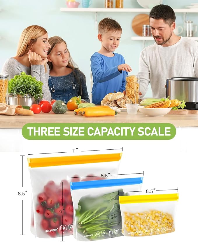 IDEATECH 20Pack Reusable Bags Dishwasher Safe, Leakproof Reusable Freezer Bags, BPA Free Healthy Food Storage Contaizers Sandwich Snack Baggies for Lunch Travel(8 Gallon 6 Quart 6 Snack,Colored)