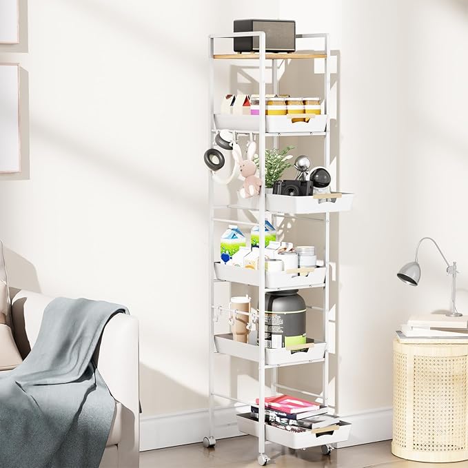 6-Tier Slim Rolling Storage Cart with Wheels, Metal Organizer Tall Rolling Cart, Wood Top Narrow Mobile Utility Cart with Pull-Out Baskets for Kitchen, Bathroom, Laundry Room, 13in(W) White