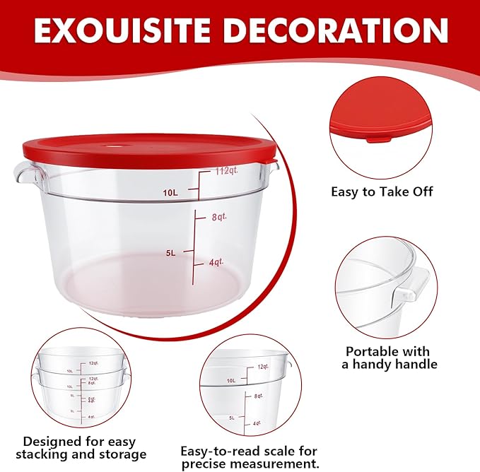 4-Pack Food Storage Containers with Lids,Round Plastic Containers for Kitchen, Food Grade, BPA-Free, Stackable, Clear Red Storage Buckets (Red, 10L)