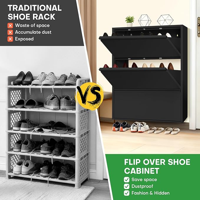 Shoe Storage Cabinet with 3 Flip Drawers, Hidden Slim Narrow Shoe Rack Cabinet, Wall Mount Metal Shoe Cabinet for Entryway, Black