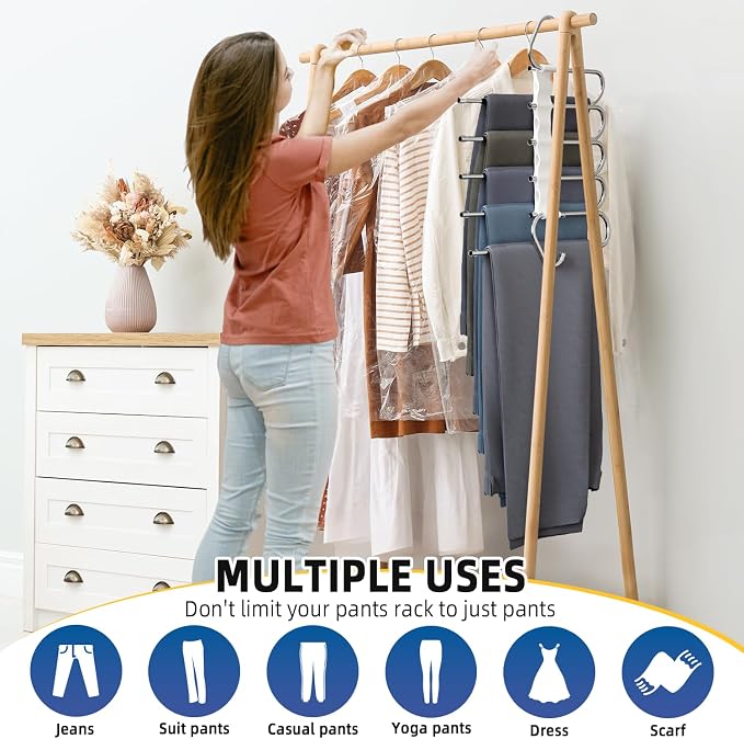 DAMITA Pants Hangers Space Saving - 2 Pack 5 in 1 Layers No Need Installation - Stainless Steel Metal Jeans Hangers - White Closet Organizers and Storage Anti-Slip Design for Pants Scarf Legging