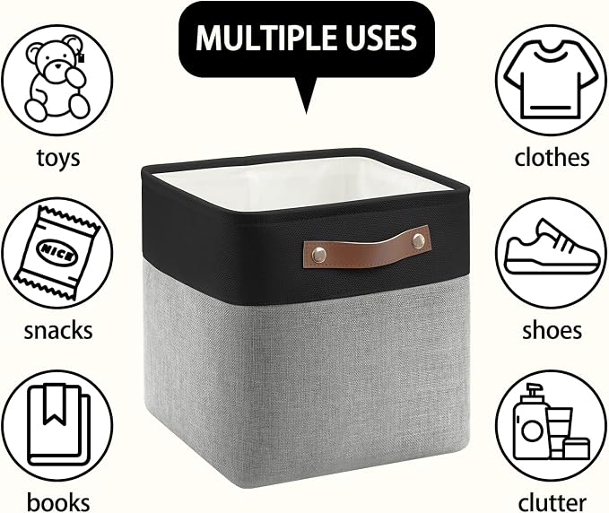 Patvingot Fabric Storage Cubes 11", 6 Pack, with PU Pull Handles,Foldable | For accessories on cube shelves or in closets; reinforced opening, pull-out access, folds flat when empty,black and gray