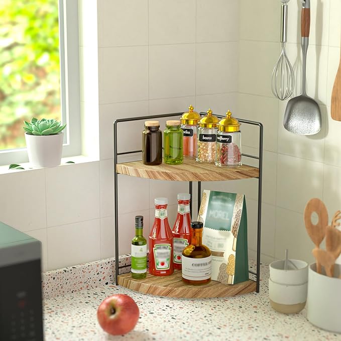 2 Pack Bathroom Counter Organizer, 2 Tier Corner Bathroom Counter Organizer Wooden Double Vanity Organizers for for Double Sink Organizers and Kitchen Storage Dresser Decoration