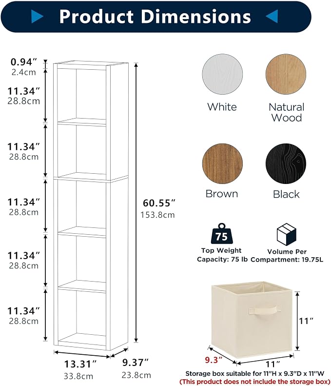 5 Cube Storage Organizer Single Row, Cube Shelf with Heavy-Duty Thick Boards, 13.31" L x 9.37" W x 60.55" H, Smooth Easy-Clean Panels, Simple Assembly, for Living Room Bedroom Office, White